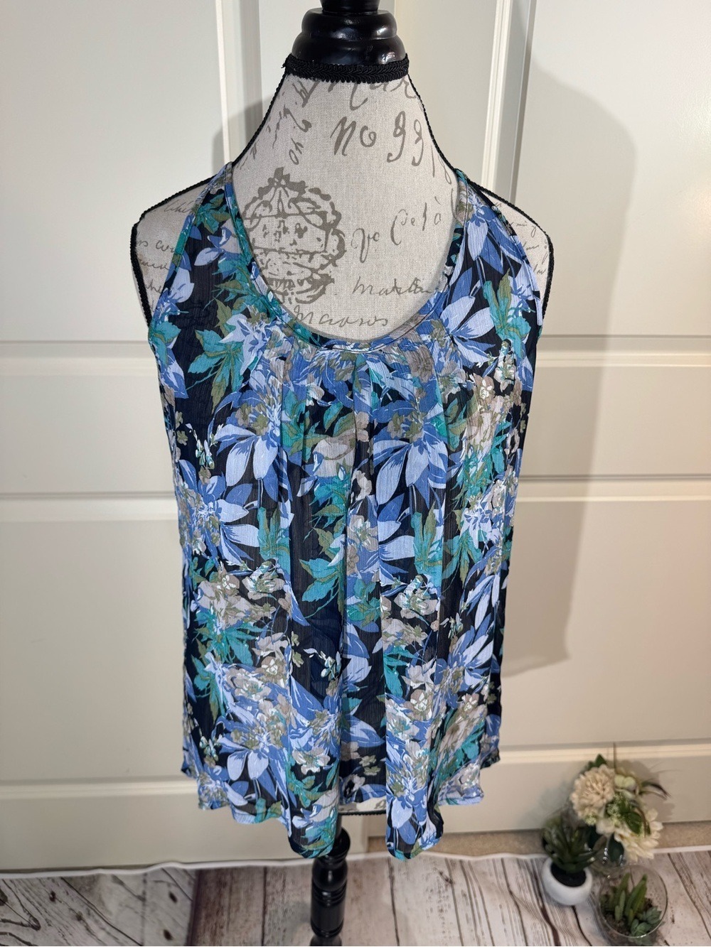 Express Floral Blue and Green Racer Back Sheer Hi Lo Tank Top Medium
